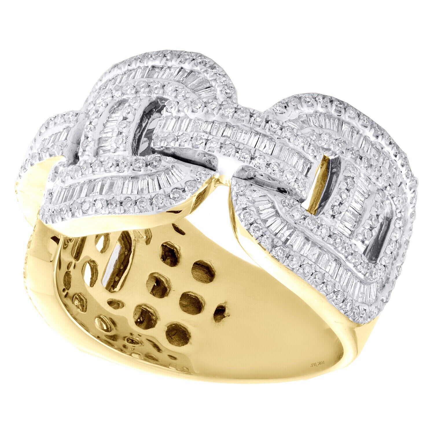 REAL 10K Yellow Gold Round Baguette Diamond Puff Link Cuban Band Ring 1.90CT AMB - GoldenlinQ