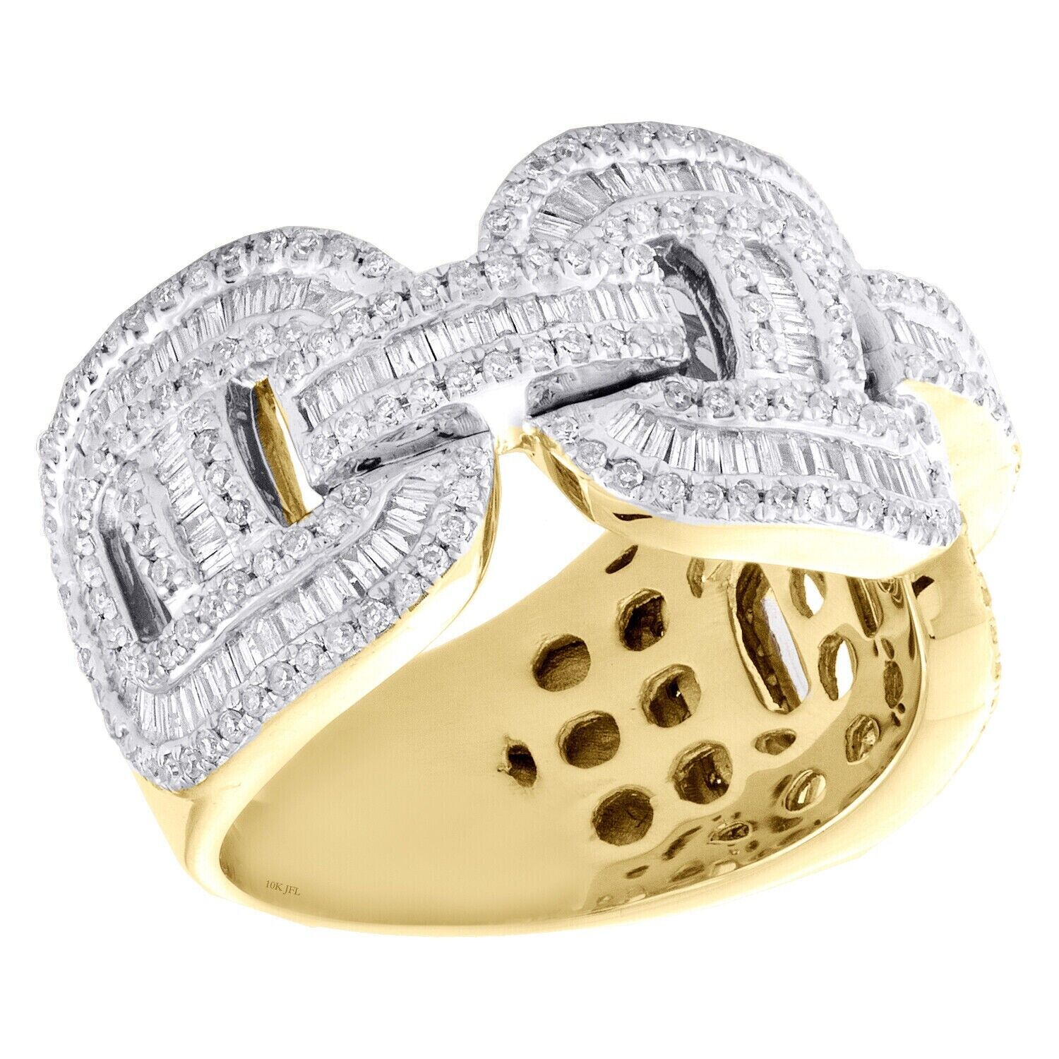REAL 10K Yellow Gold Round Baguette Diamond Puff Link Cuban Band Ring 1.90CT AMB - GoldenlinQ