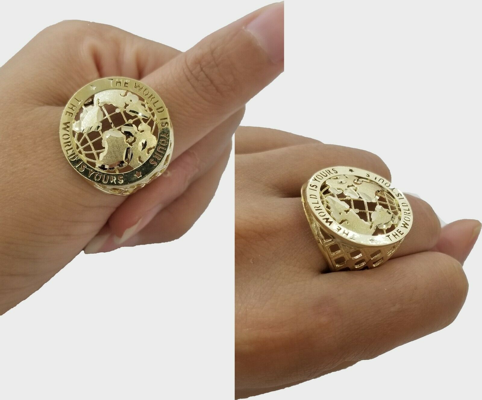 Real 10k Yellow Gold World Map Charm Pendant Ring The World Is Yours Engraved - GoldenlinQ