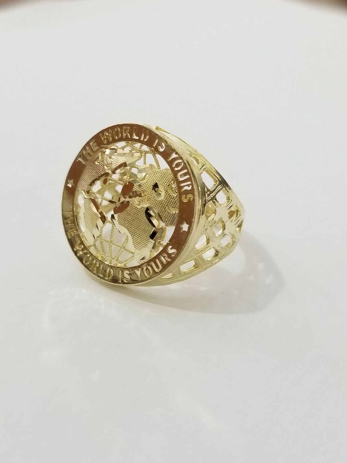 Real 10k Yellow Gold World Map Mens Ring The World Is Yours Engraved Ring Unique - GoldenlinQ