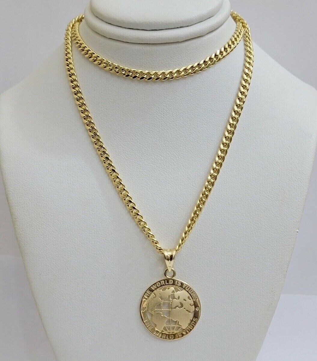 Real 10kt Gold Cuban Link Chain Pendant Set 18" 3.5mm Necklace World Map Charm - GoldenlinQ