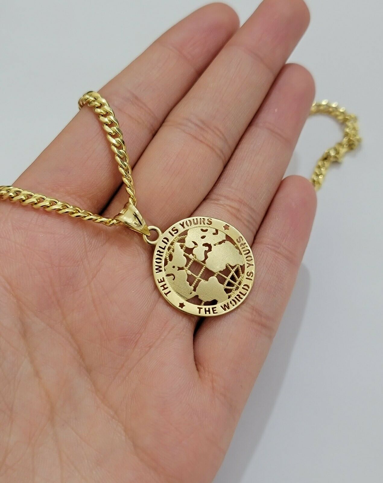 Real 10kt Gold Cuban Link Chain Pendant Set 26" 3.5mm Necklace World Map Charm - GoldenlinQ