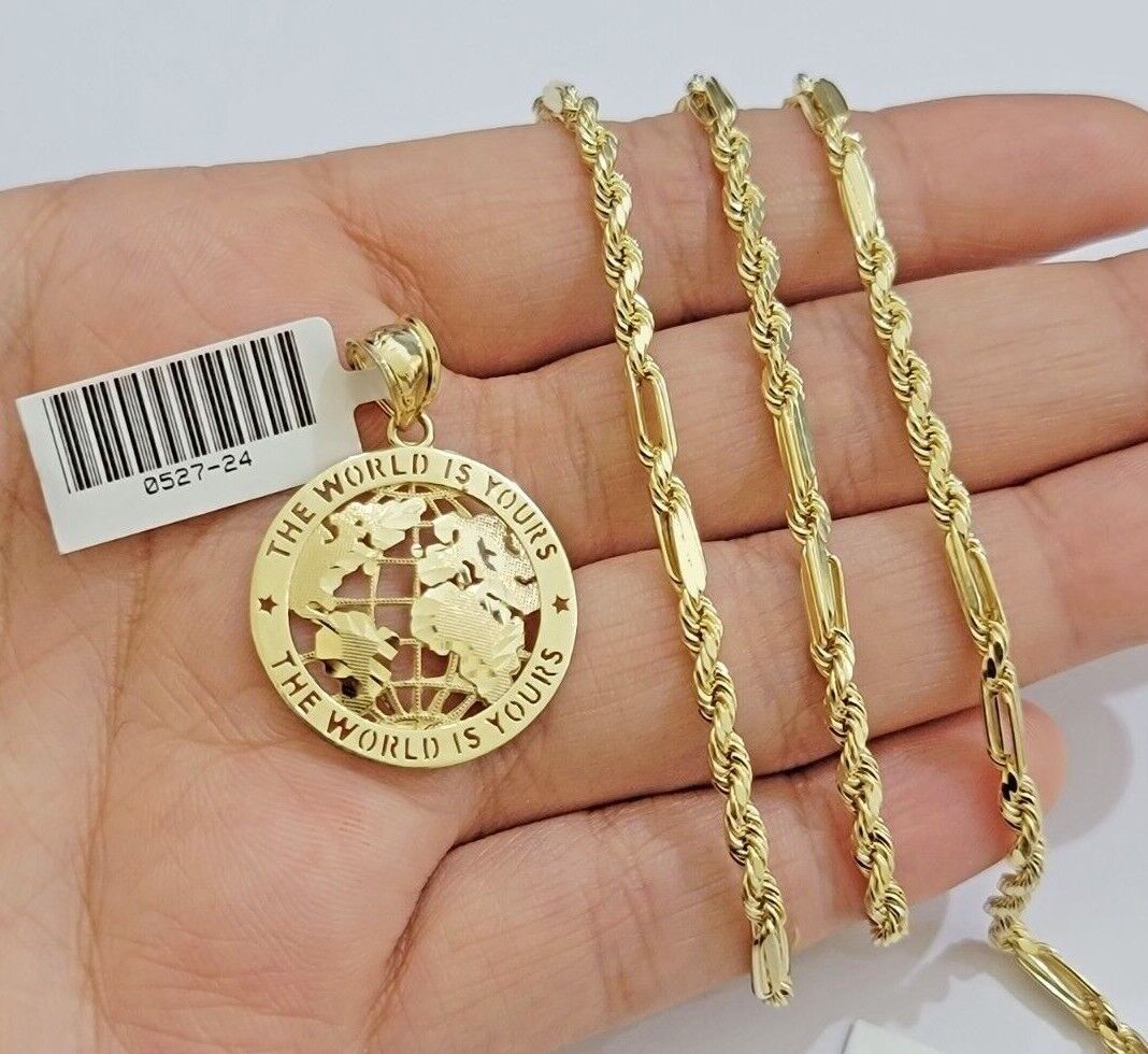 Real 10kt Gold Milano Rope Chain World Map Charm Pendant Set 18 - 24 Inch Necklace - GoldenlinQ