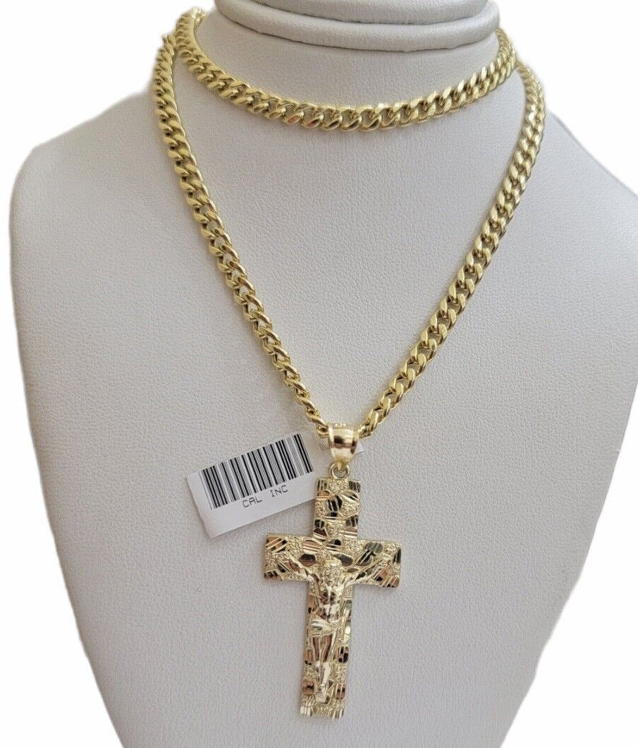 Real 10kt Gold Nugget Charm pendant &Miami Cuban Link chain Necklace 5mm 26" SET - GoldenlinQ