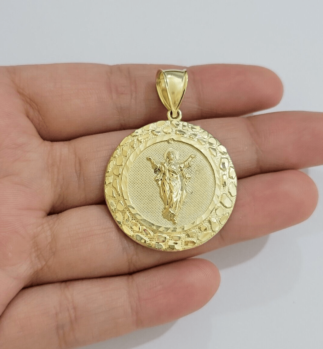 Real 10kt Jesus Circle Charm Pendant 10k Yellow Gold Chain Necklace 1.5 Inch NEW - GoldenlinQ