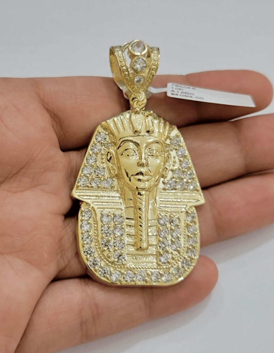 Real 10kt Pharoah Charm Pendant CZ 10k Yellow Gold For Chain Necklace 2.2'' SALE - GoldenlinQ