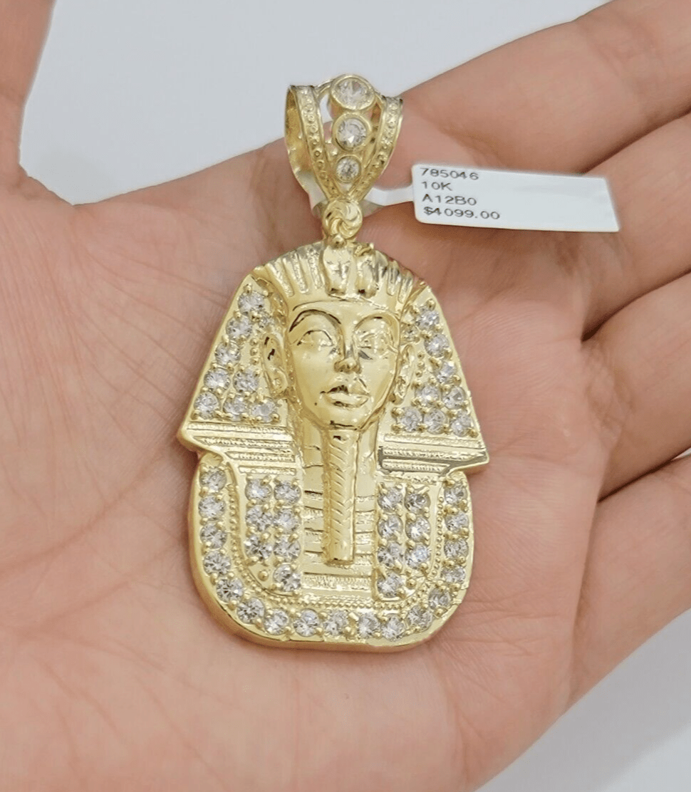 Real 10kt Pharoah Charm Pendant CZ 10k Yellow Gold For Chain Necklace 2.2'' SALE - GoldenlinQ
