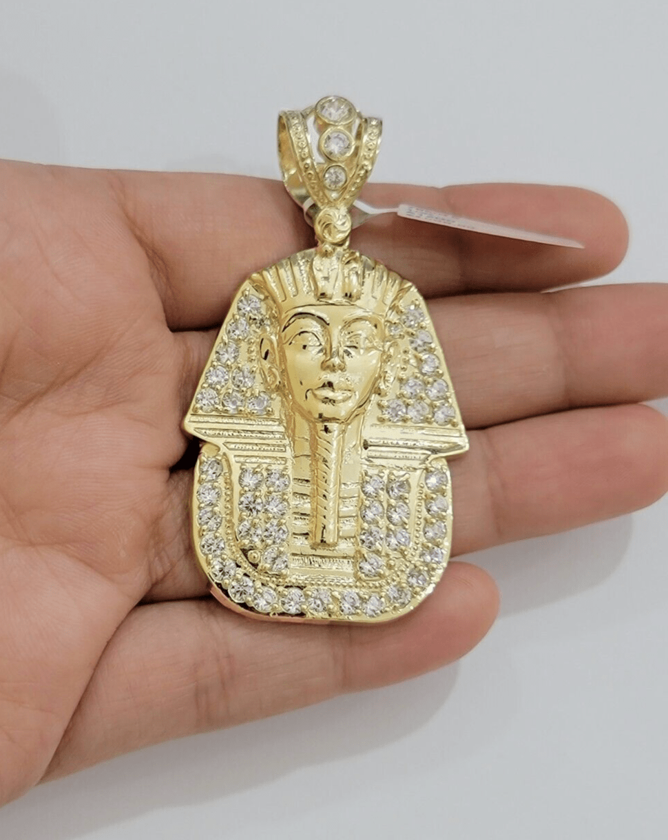 Real 10kt Pharoah Charm Pendant CZ 10k Yellow Gold For Chain Necklace 2.2'' SALE - GoldenlinQ