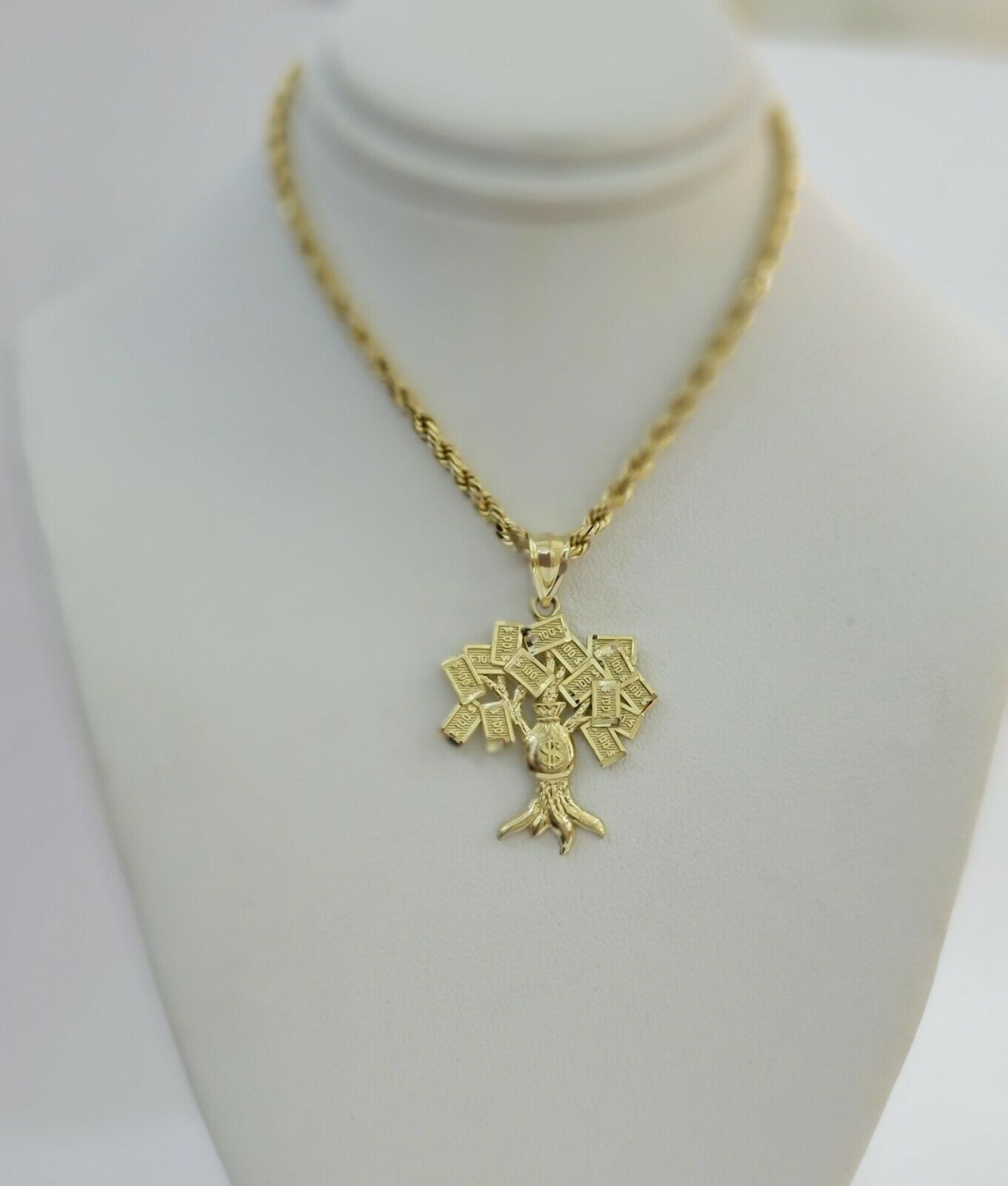 REAL 10kt Rope Necklace 24" With 10k Yellow Gold Pendant Money Tree Charm,UNIQUE - GoldenlinQ