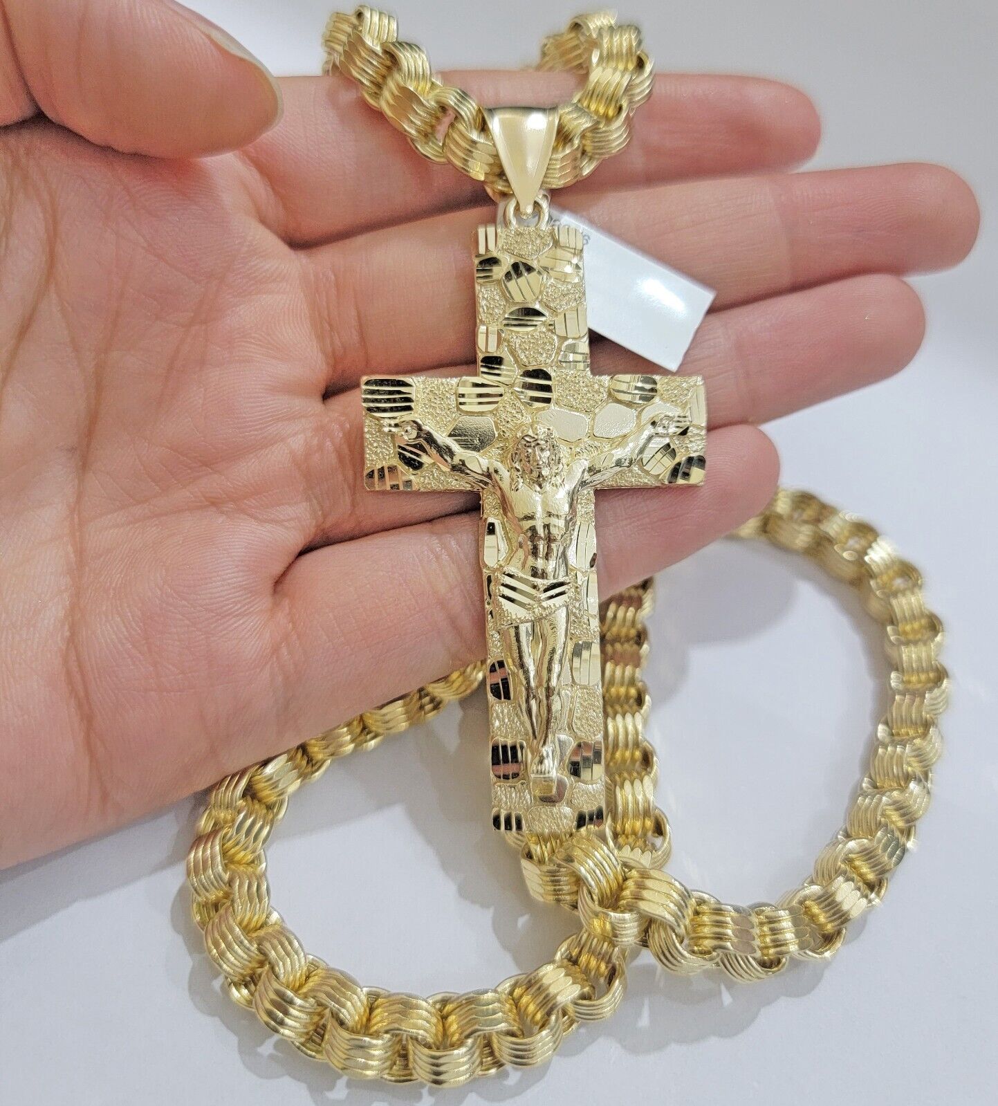 Real 10kt Yellow Gold Chain Pendant Byzantine Necklace Nugget Cross Charm SETS - GoldenlinQ