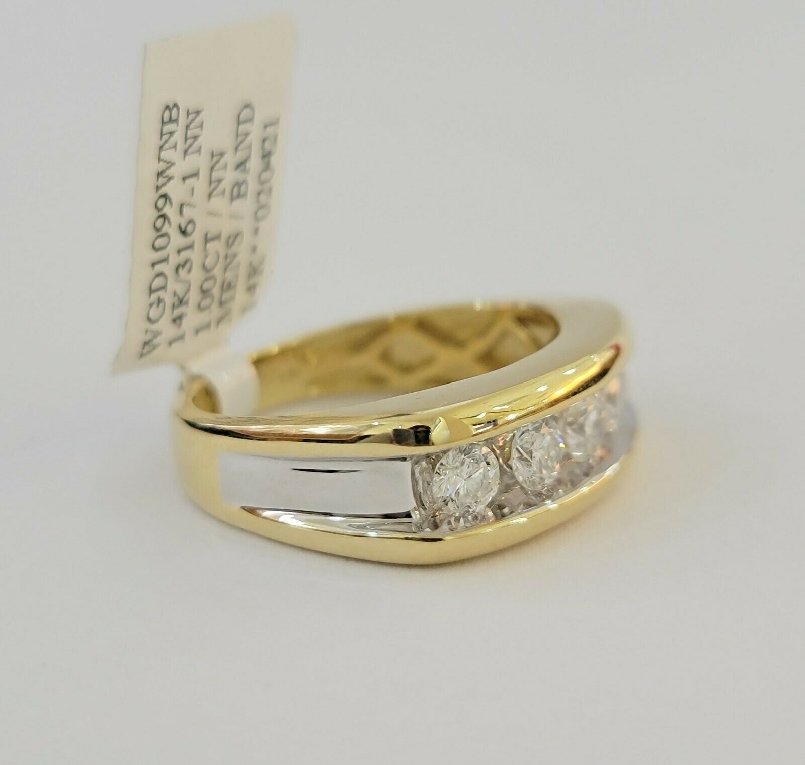 Real 14k 1CT Diamond Ring Men's Band channel - set round diamond Two - Tone Gold - GoldenlinQ