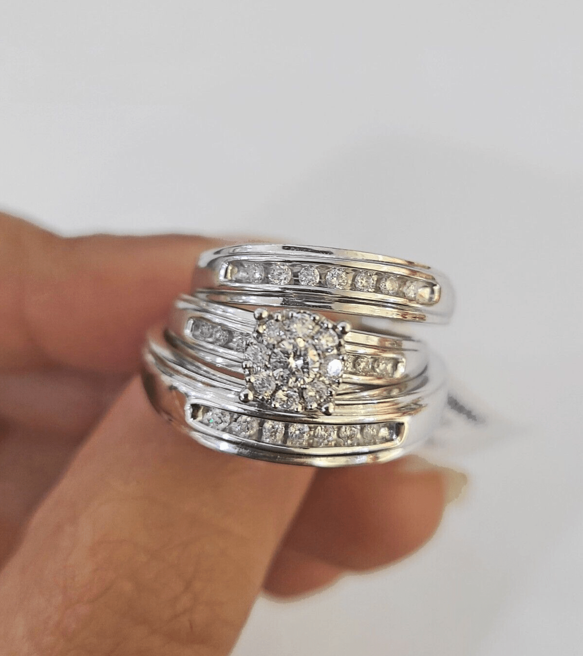 REAL 14k Diamond Ring White Gold Ladies Men Trio SET Wedding Engagement Genuine - GoldenlinQ