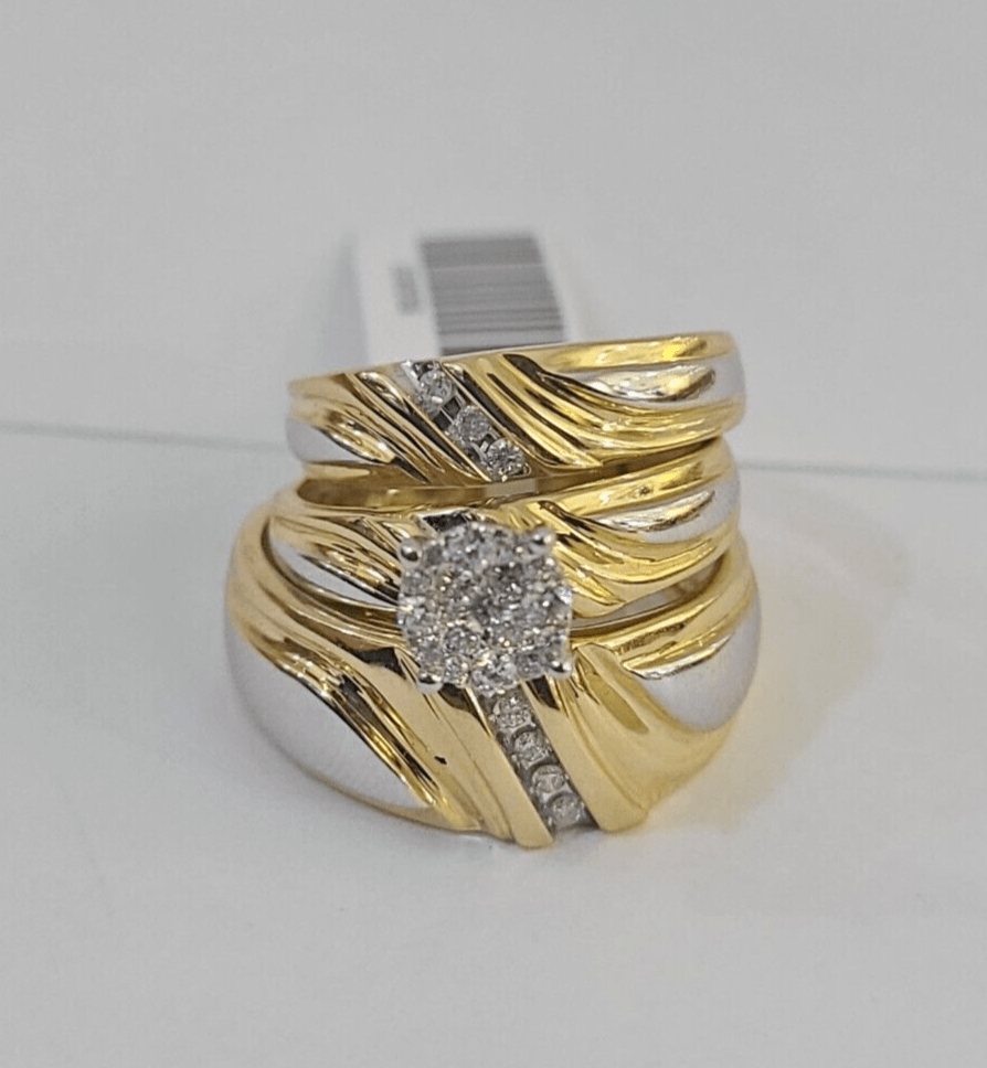 REAL 14k Diamond Ring Yellow Gold Ladies Men Trio SET Wedding Engagement Genuine - GoldenlinQ