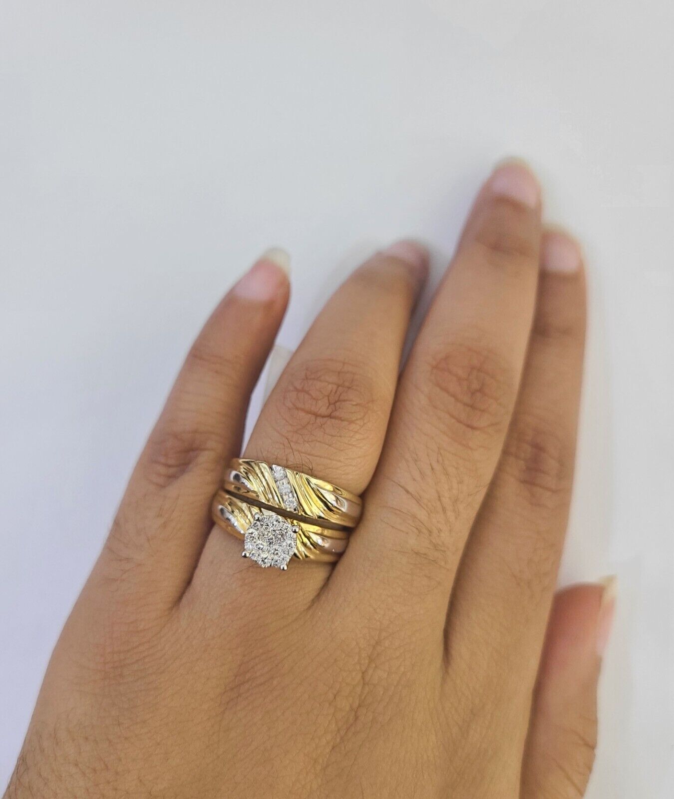 REAL 14k Diamond Ring Yellow Gold Ladies Men Trio SET Wedding Engagement Genuine - GoldenlinQ