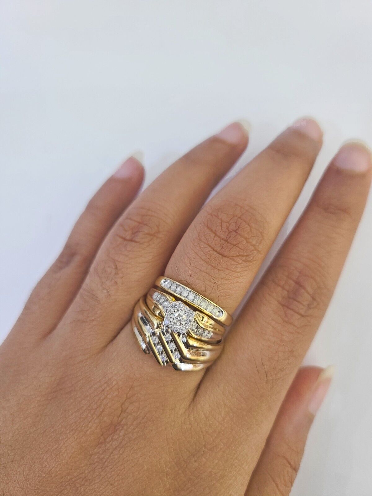 REAL 14k Diamond Ring Yellow Gold Ladies Men Trio SET Wedding Engagement Genuine - GoldenlinQ