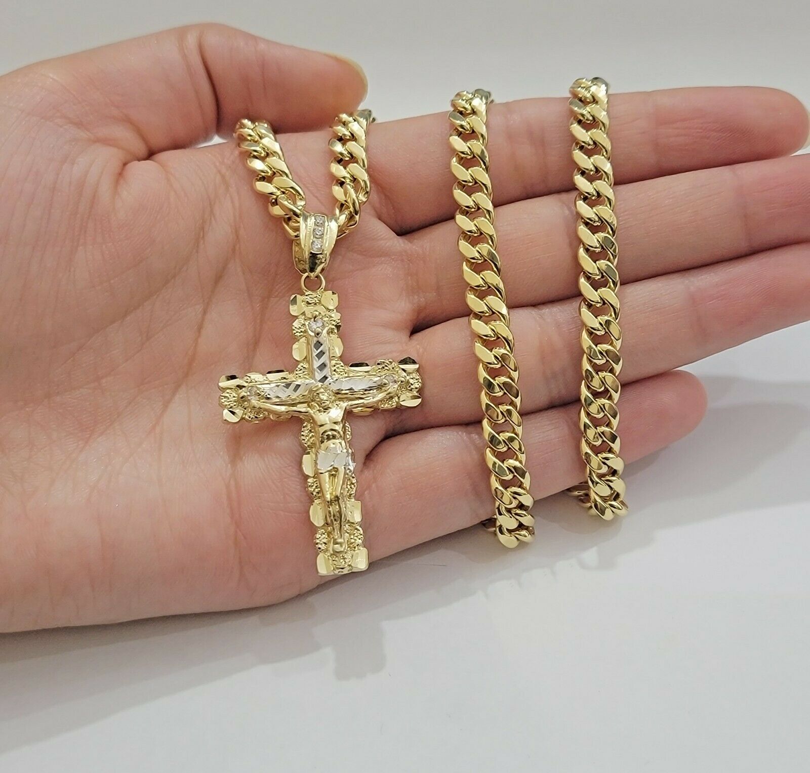 Real 14k Gold Chain Cross Pendant Necklace SET Miami Cuban Link 7mm 22" - 28" 14kt - GoldenlinQ