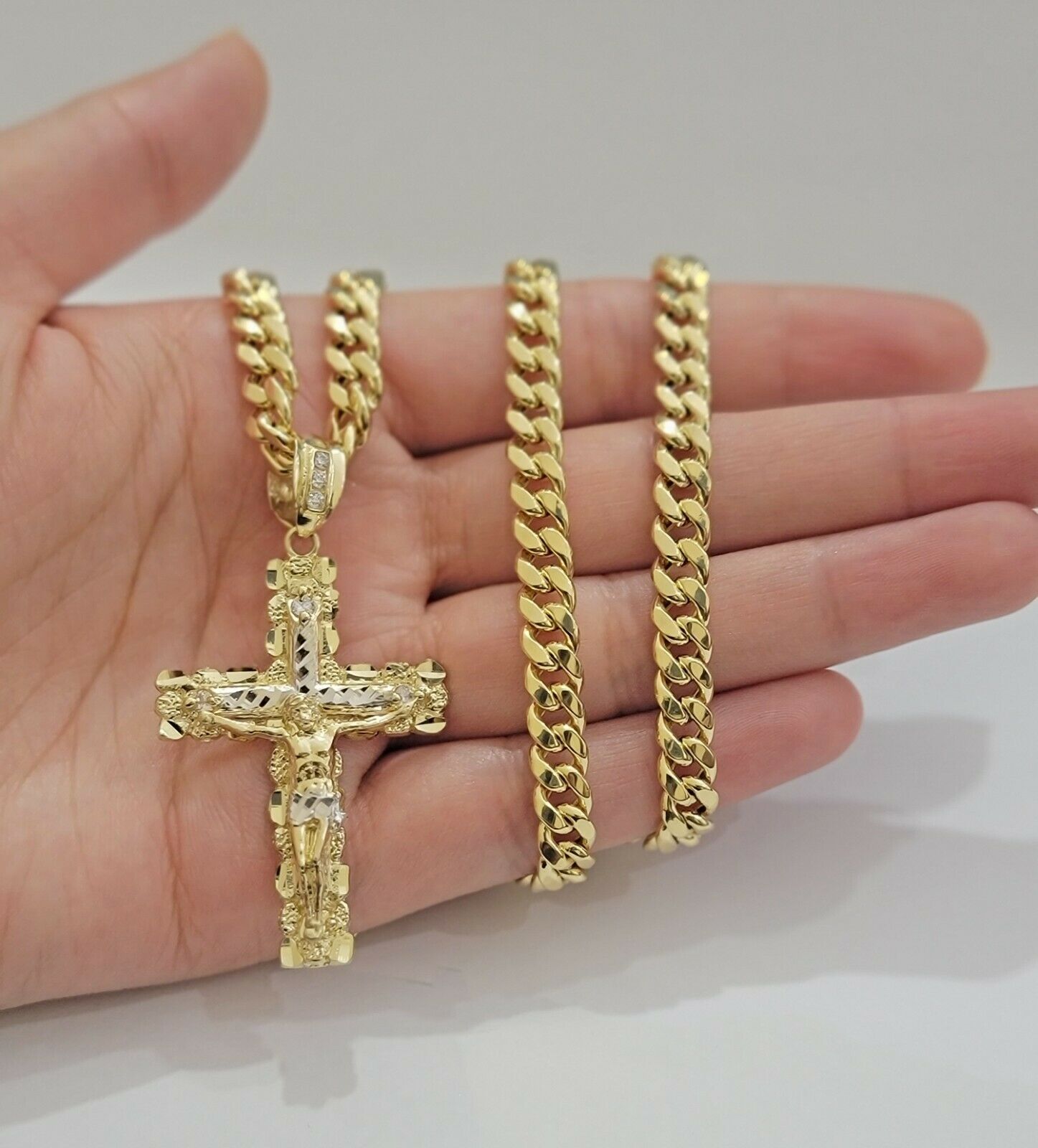 Real 14k Gold Chain Cross Pendant Necklace SET Miami Cuban Link 7mm 22" - 28" 14kt - GoldenlinQ