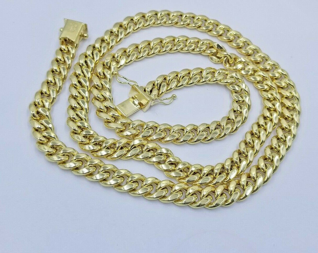 Real 14k Gold Chain Cross Pendant Necklace SET Miami Cuban Link 7mm 22" - 28" 14kt - GoldenlinQ