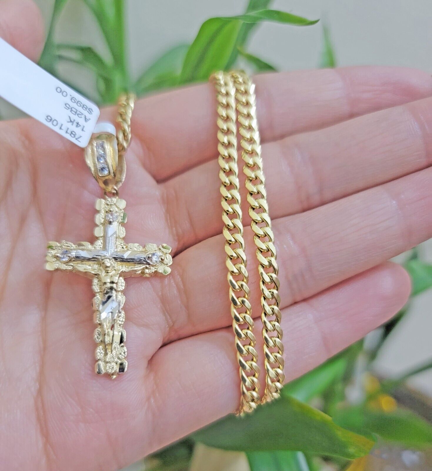Real 14k Gold Chain & Cross pendant Set 14kt Miami Cuban Link Chain 4mm & Cham - GoldenlinQ