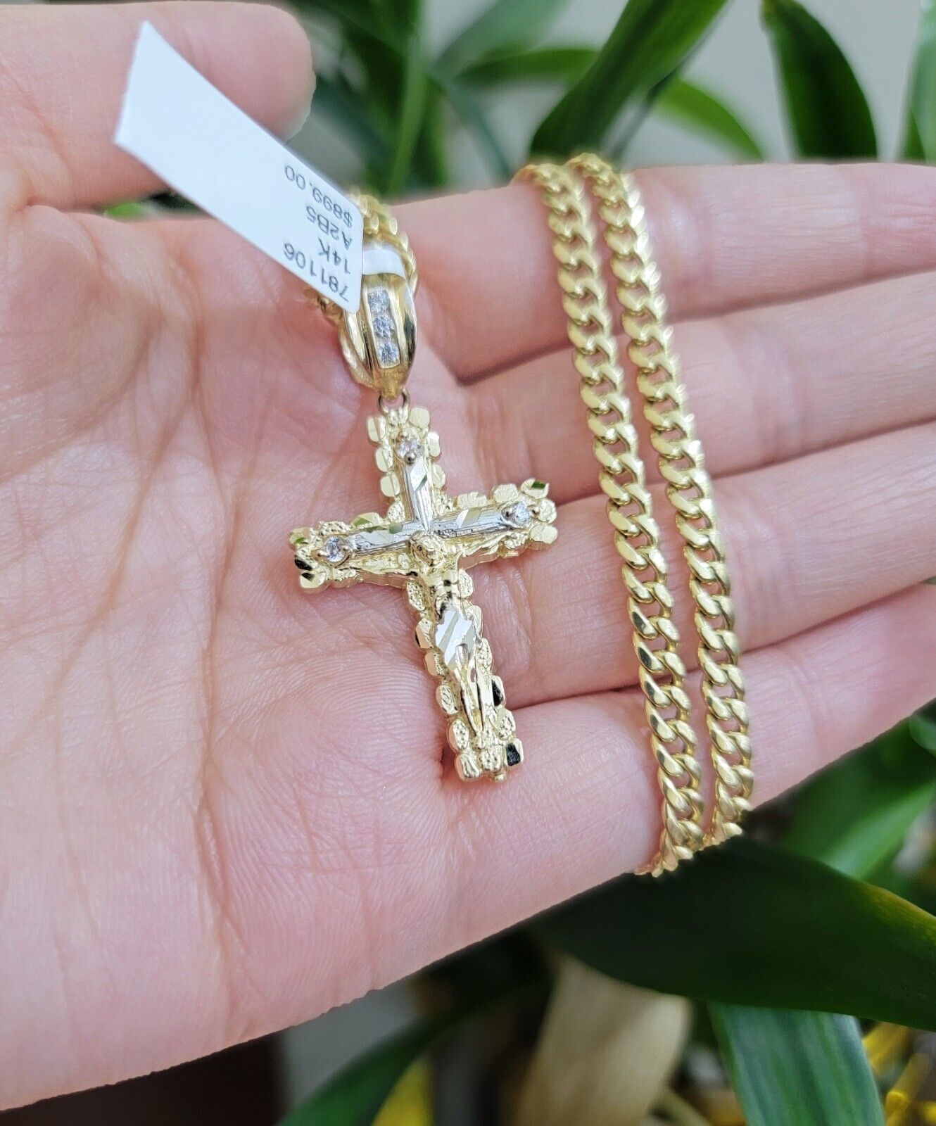 Real 14k Gold Chain & Cross pendant Set 14kt Miami Cuban Link Chain 4mm & Cham - GoldenlinQ