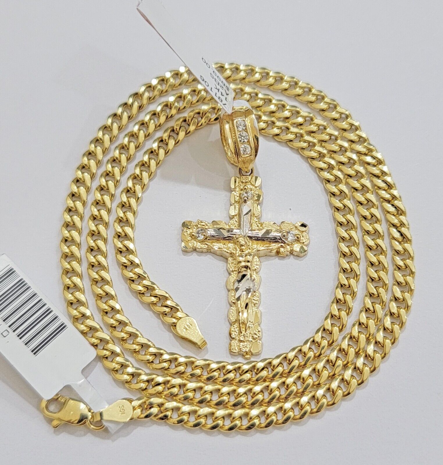 Real 14k Gold Chain & Cross pendant Set 14kt Miami Cuban Link Chain 4mm & Cham - GoldenlinQ