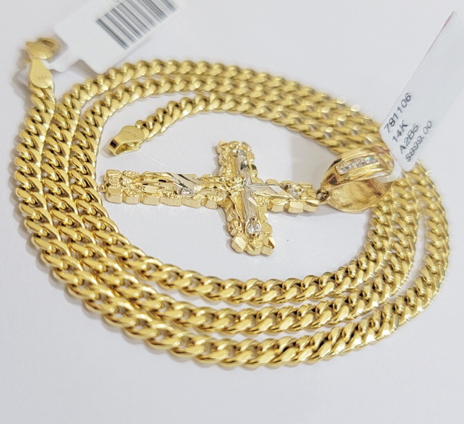 Real 14k Gold Chain & Cross pendant Set 14kt Miami Cuban Link Chain 4mm & Cham - GoldenlinQ