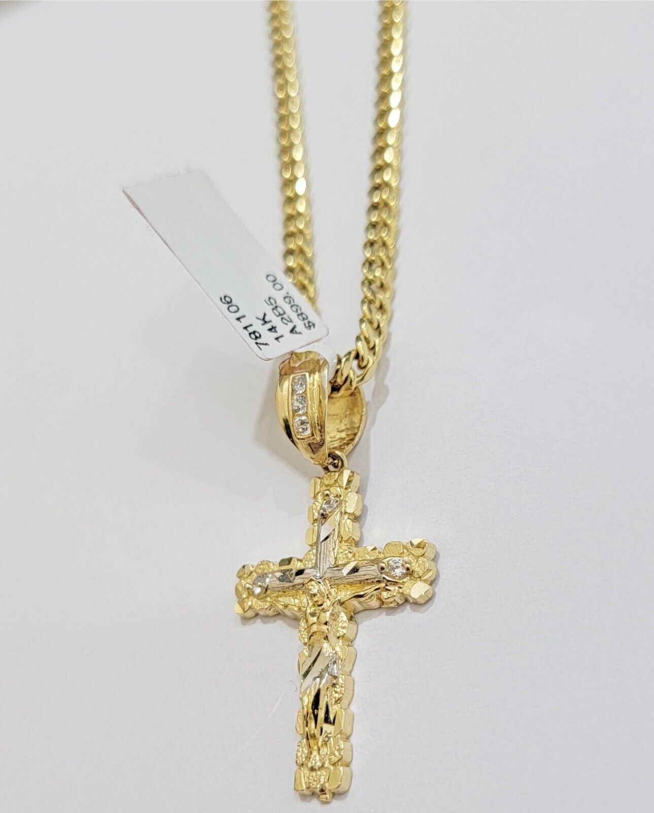 Real 14k Gold Chain & Cross pendant Set 14kt Miami Cuban Link Chain 4mm & Cham - GoldenlinQ