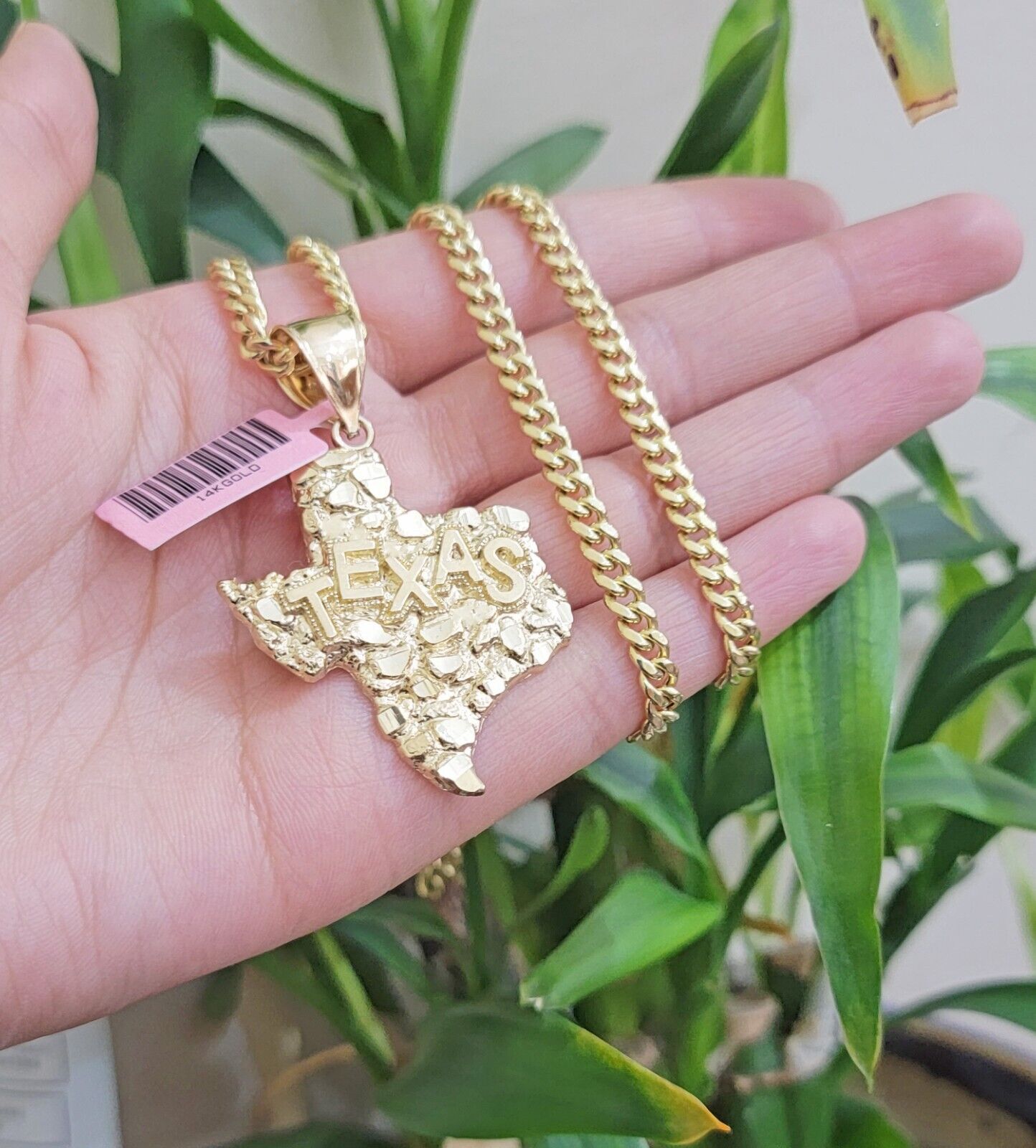Real 14k Gold Charm Nugget Texas map pendant &14K Miami Cuban Chain Necklace Set - GoldenlinQ