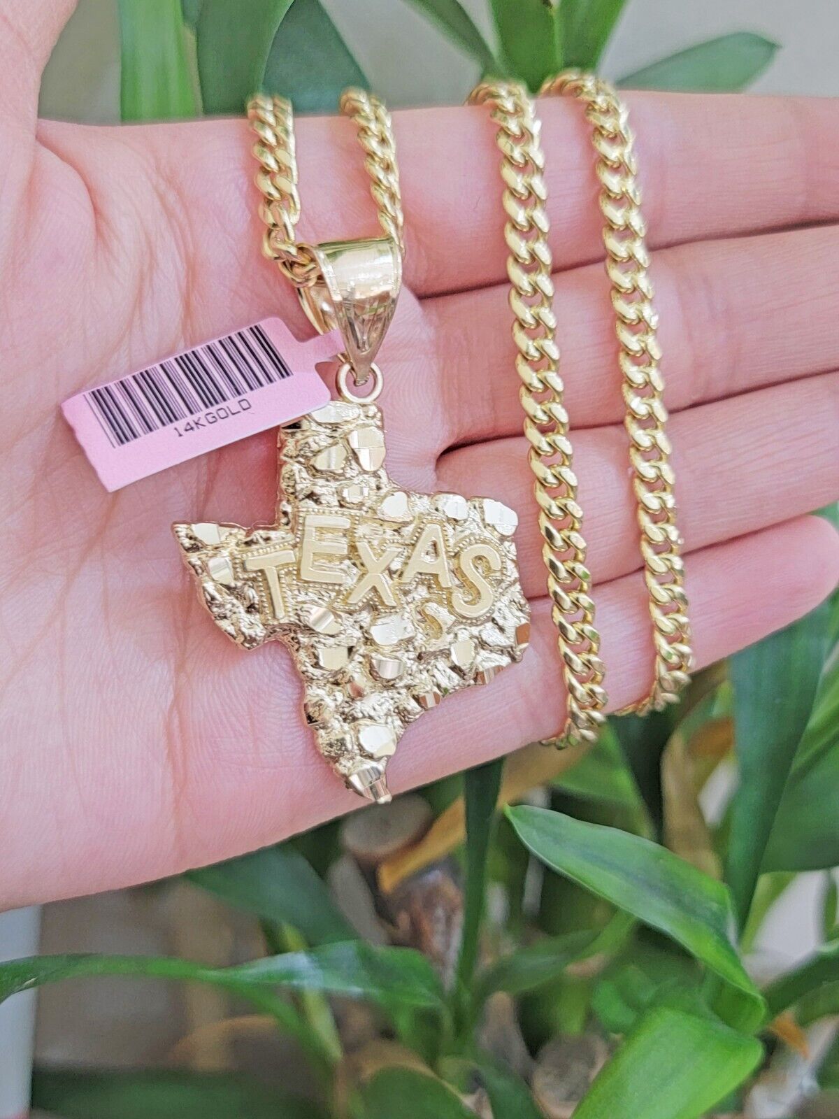 Real 14k Gold Charm Nugget Texas map pendant &14K Miami Cuban Chain Necklace Set - GoldenlinQ