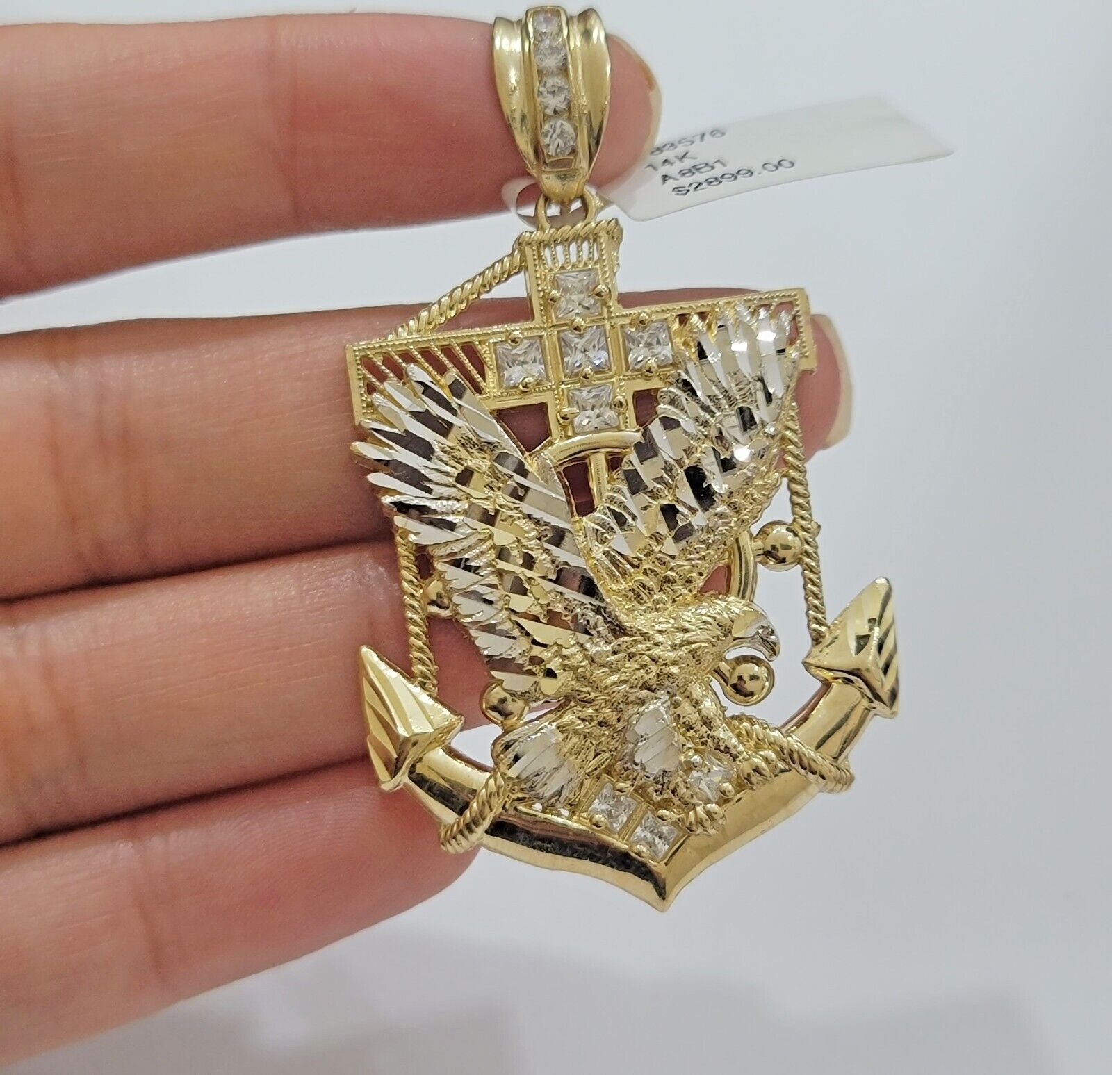 Real 14k Gold Charm Pendant Eagle Anchor 14 kt Yellow Gold For Men's Necklace - GoldenlinQ