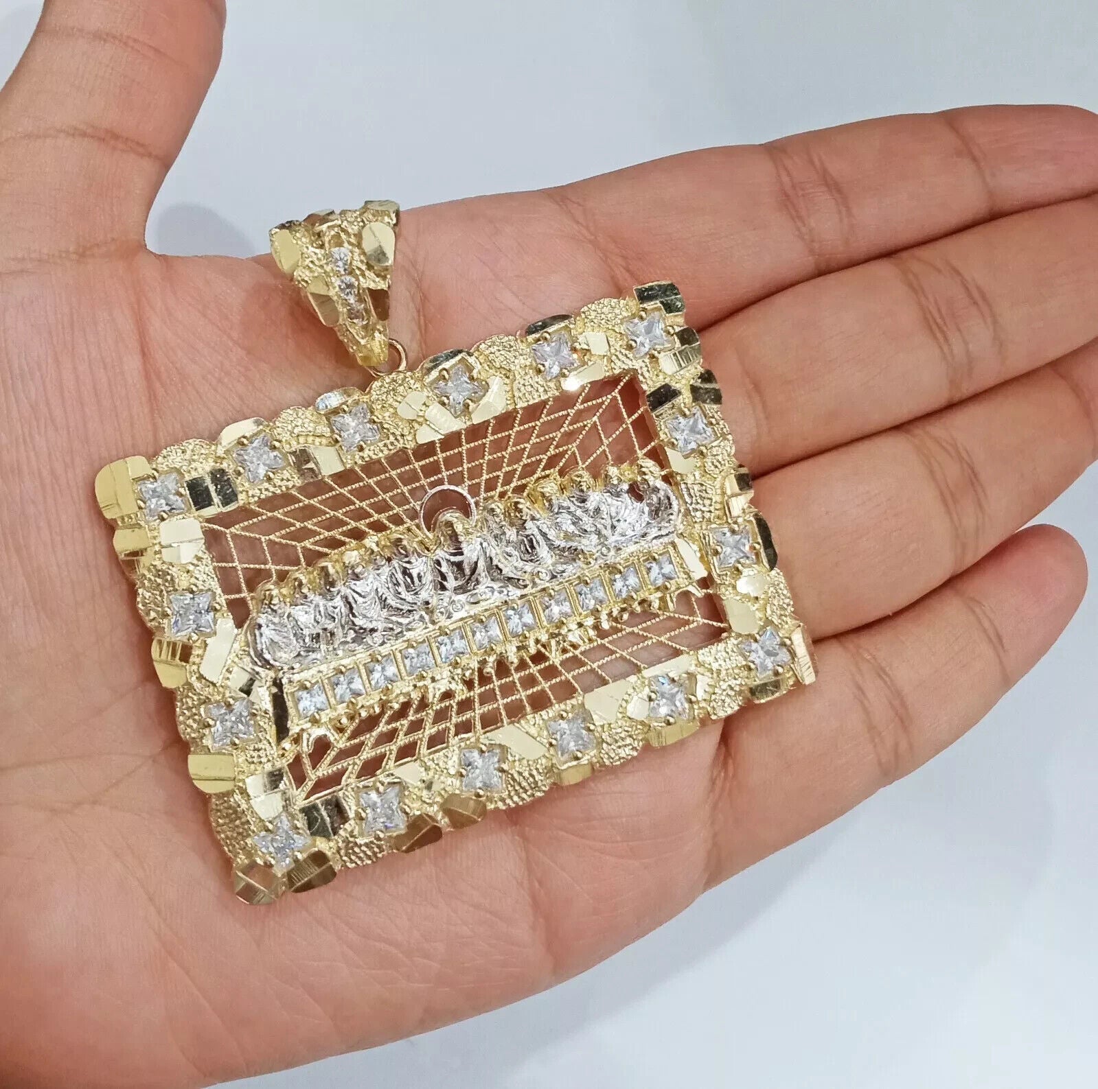 Real 14k Gold Charm Pendant Last Supper Nugget Style With Stone 14kt Yellow Gold - GoldenlinQ
