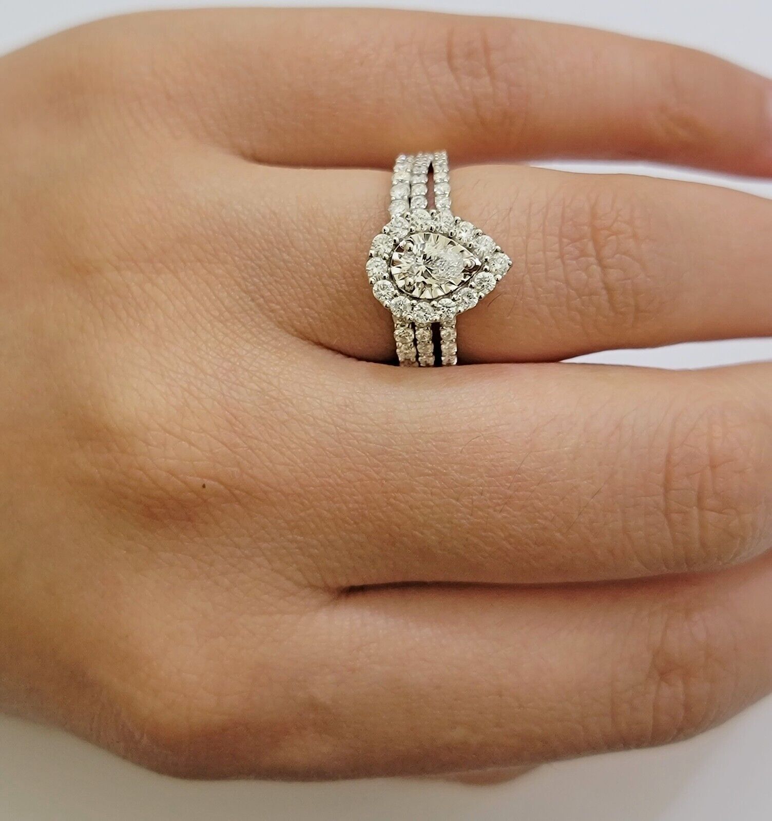 Real 14k Gold Diamond Ring band SET Ladies Engagement Wedding Pear Shape 1.50 CT - GoldenlinQ