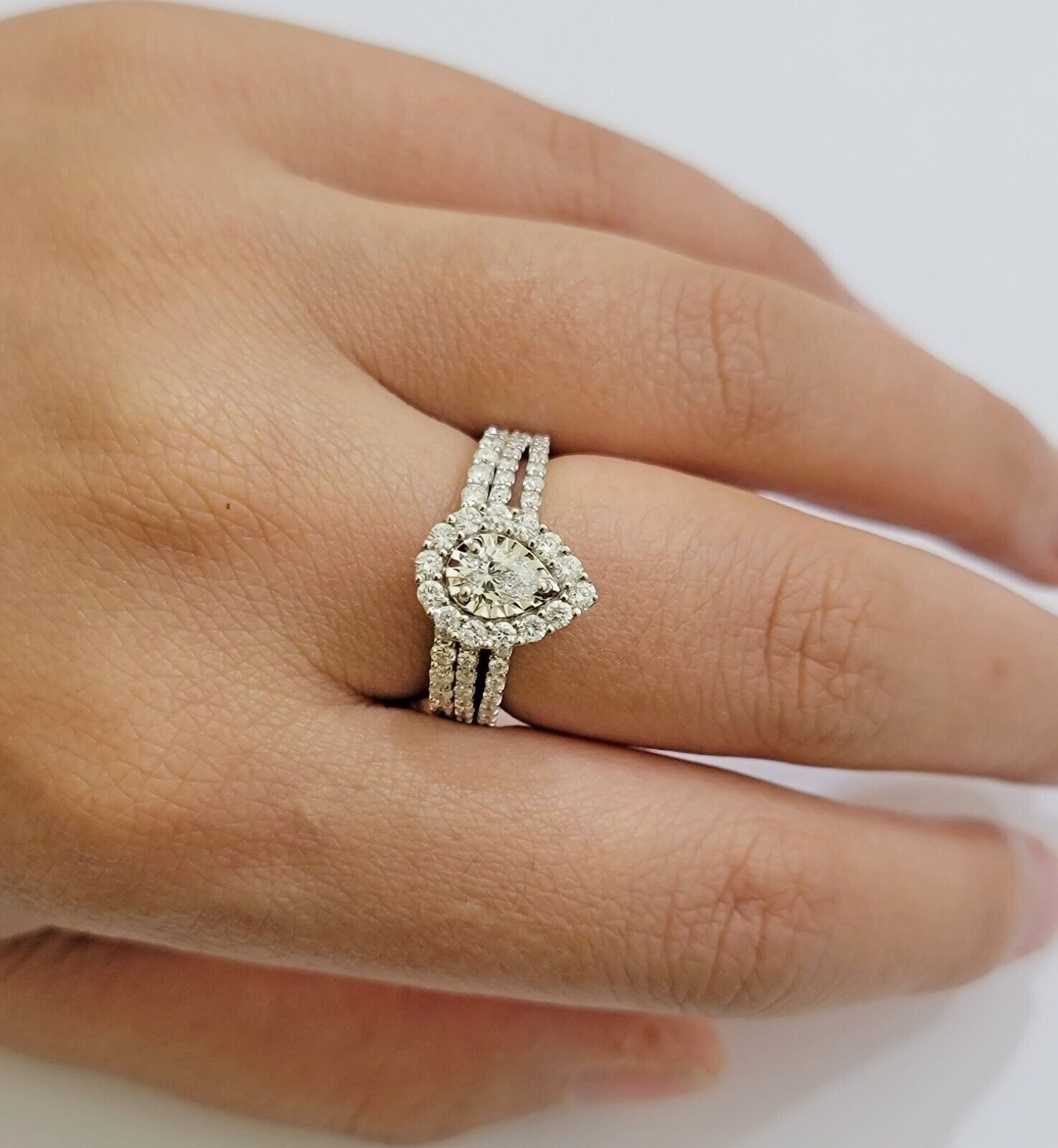 Real 14k Gold Diamond Ring band SET Ladies Engagement Wedding Pear Shape 1.50 CT - GoldenlinQ