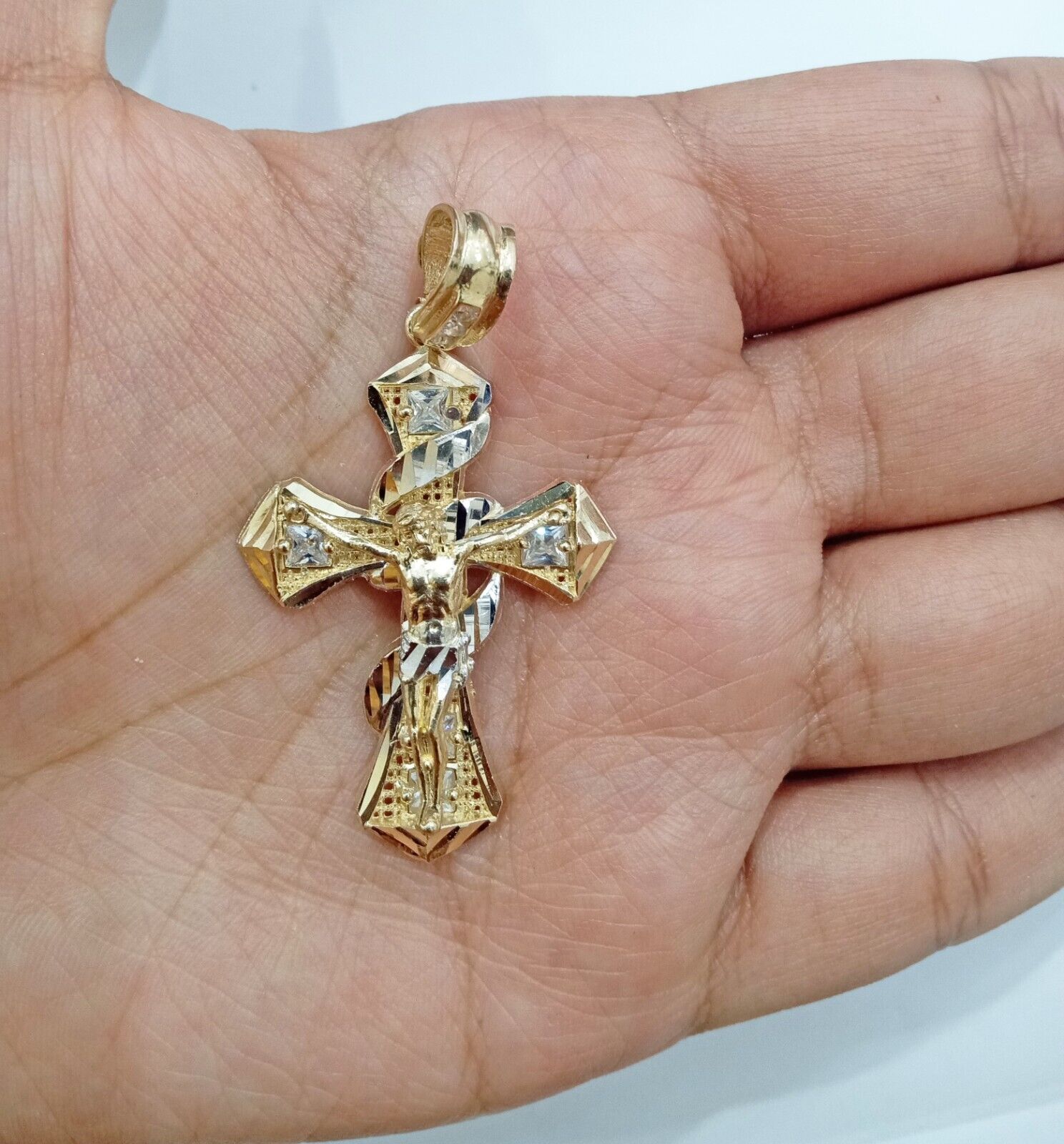 Real 14k Gold Jesus Crucifix Cross Charm Pendant 2" inch 14kt Yellow Gold - GoldenlinQ