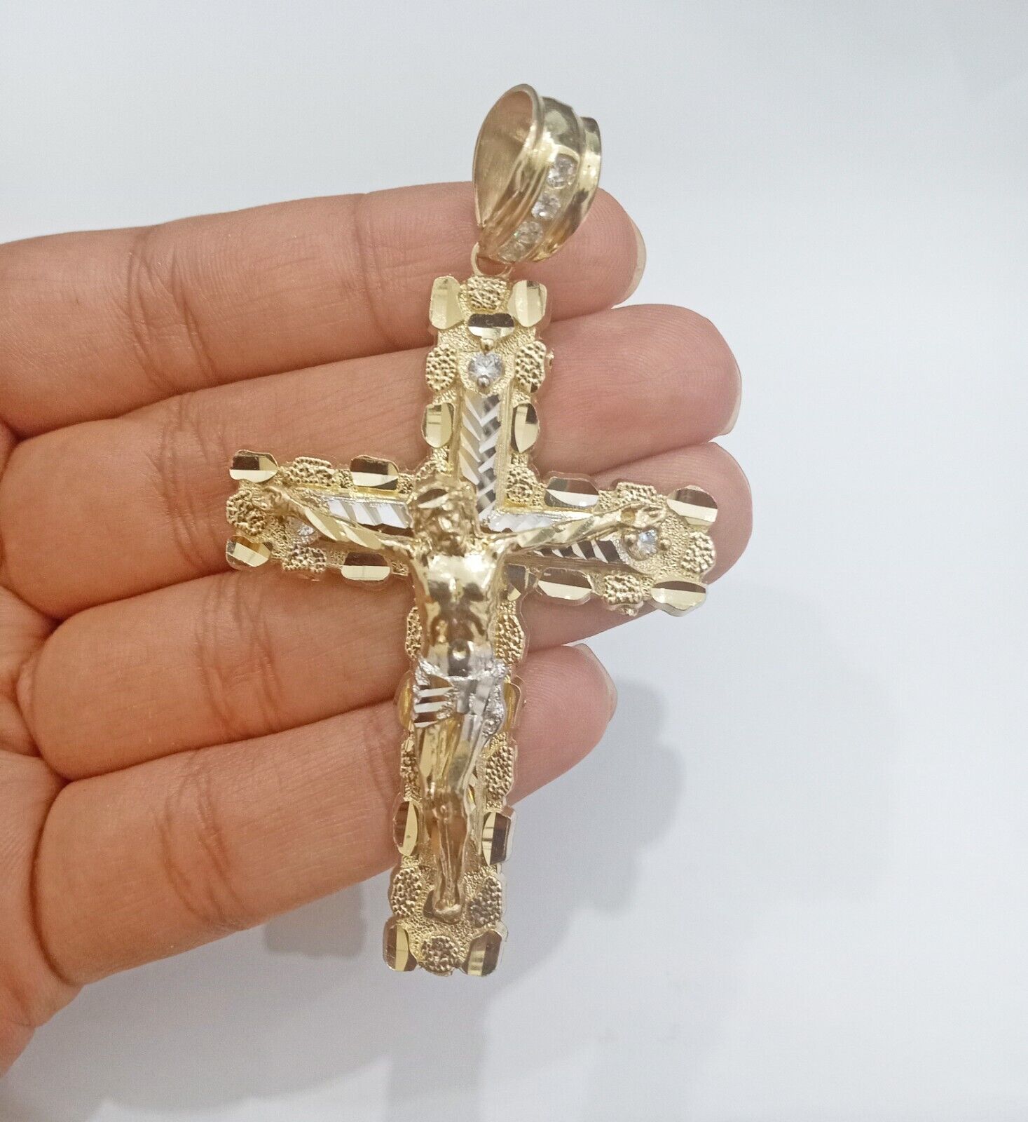 Real 14k Gold Jesus Nugget Cross Charm Pendant 2.9" inch 14kt Yellow Gold - GoldenlinQ