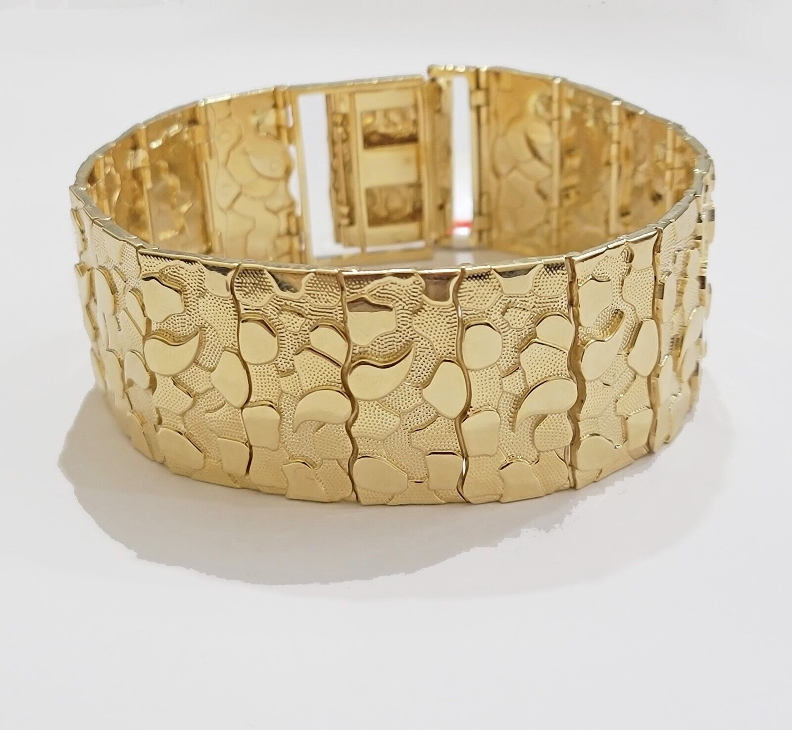 Real 14k Gold Nugget Bracelet Mens 10 Inch Long 30mm Thick Genuine 14 KT Solid - GoldenlinQ