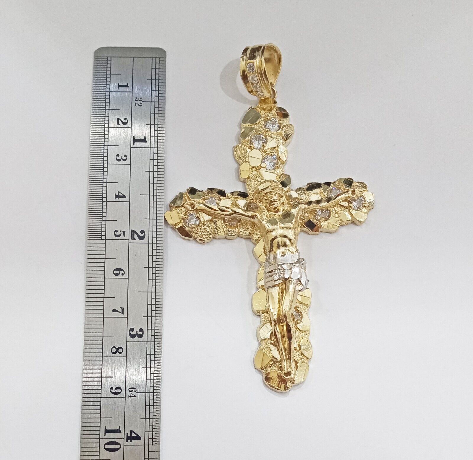 Real 14k Gold Nugget Jesus Crucifix Cross Charm Pendant 14kt Yellow Gold Men - GoldenlinQ