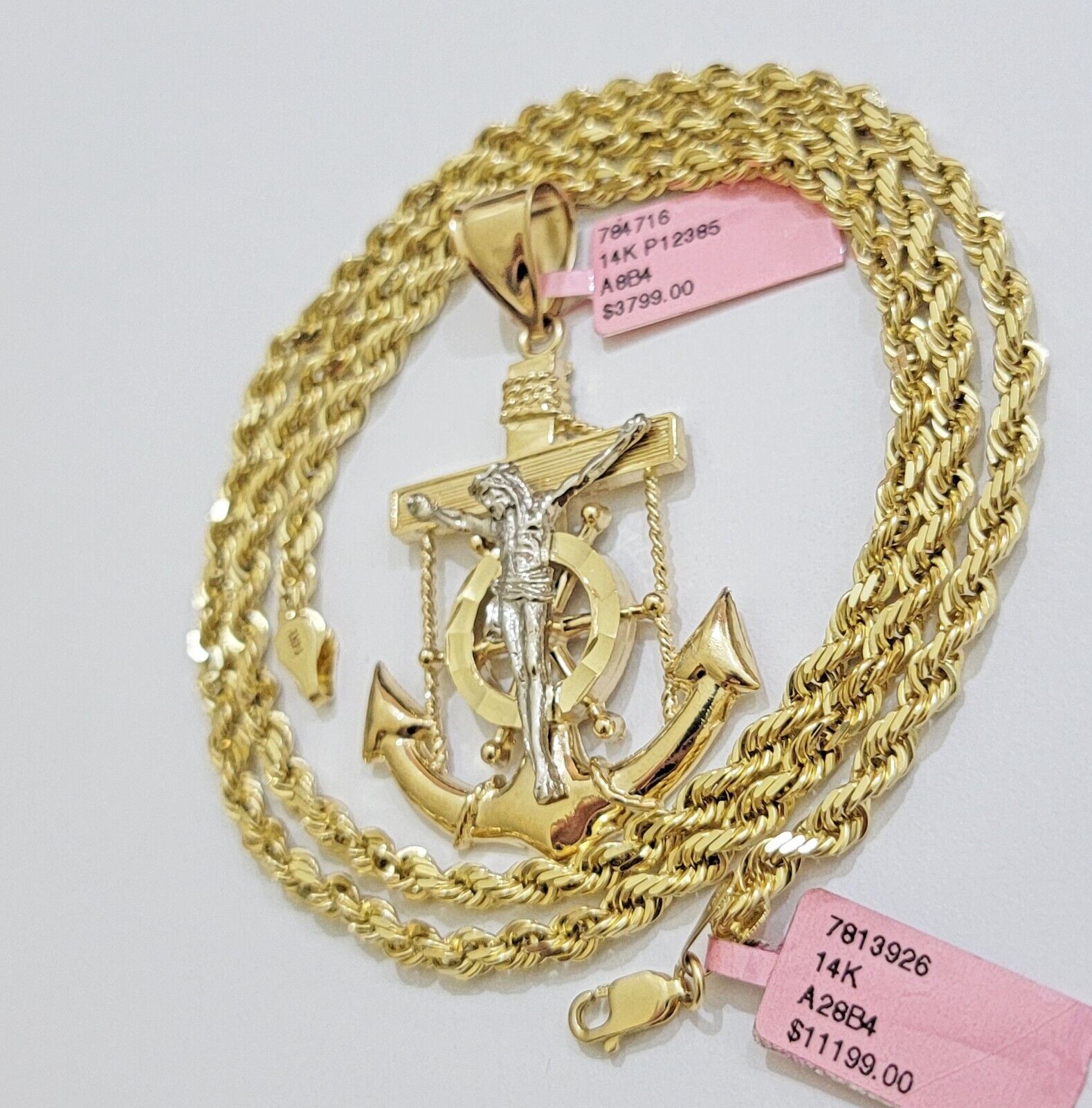 REAL 14k Gold Rope Necklace Anchor Charm Pendant SET SOLID 4mm 20 Inch Necklace - GoldenlinQ