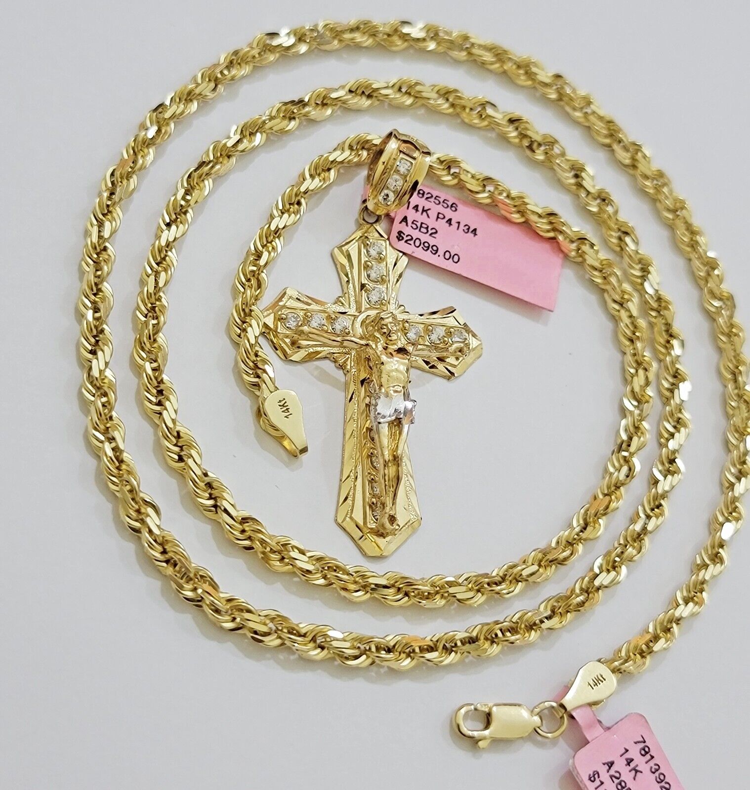 REAL 14k Gold Rope Necklace Cross Charm Pendant SET SOLID 4mm 20 - 30" Necklace - GoldenlinQ