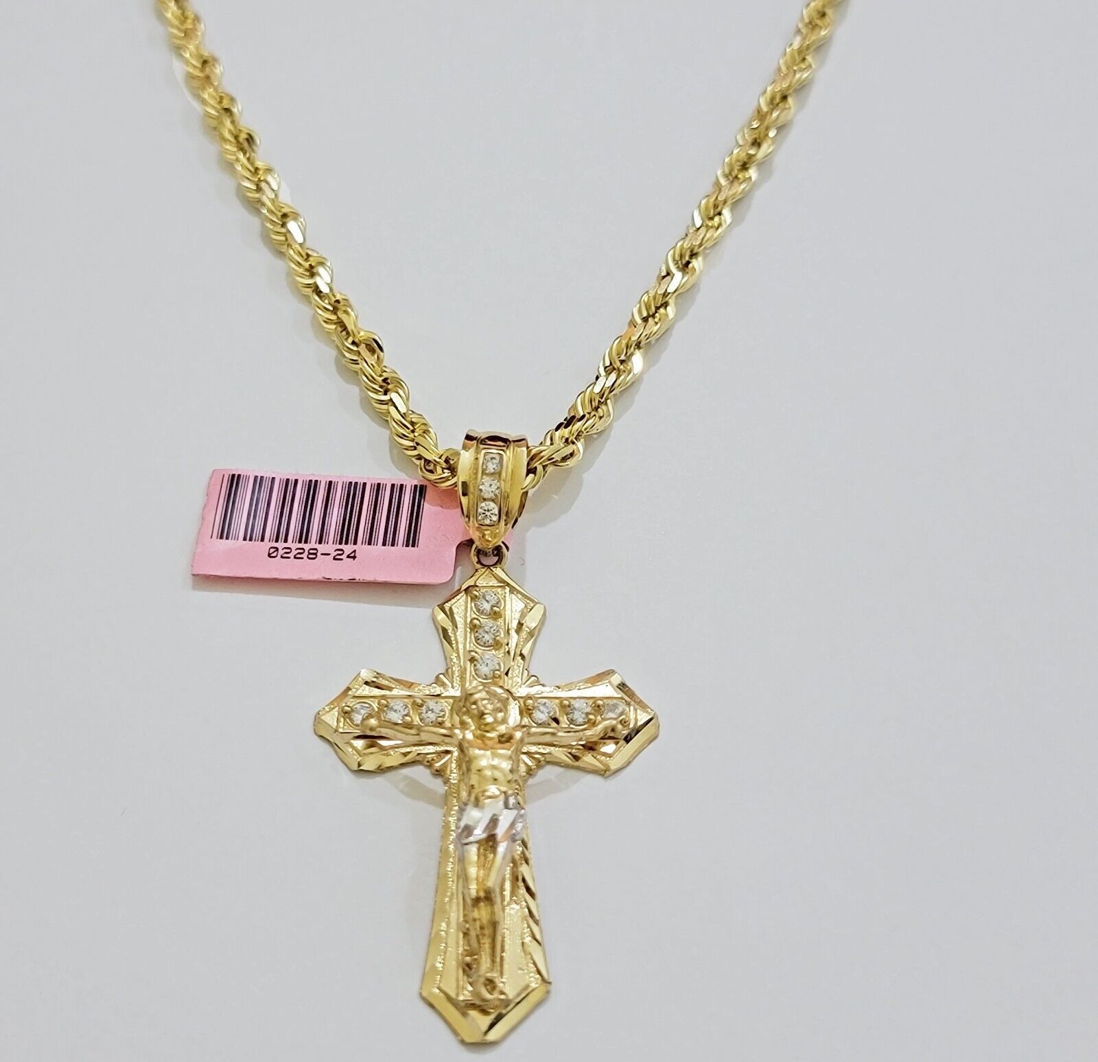 REAL 14k Gold Rope Necklace Cross Charm Pendant SET SOLID 4mm 20 - 30" Necklace - GoldenlinQ