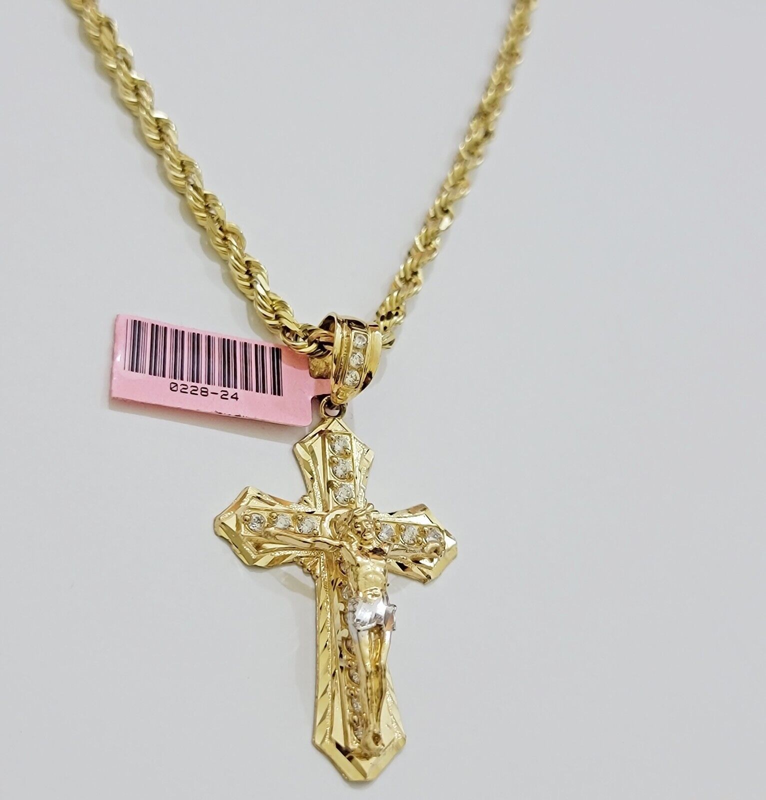 REAL 14k Gold Rope Necklace Cross Charm Pendant SET SOLID 4mm 24 Inch Chain Mens