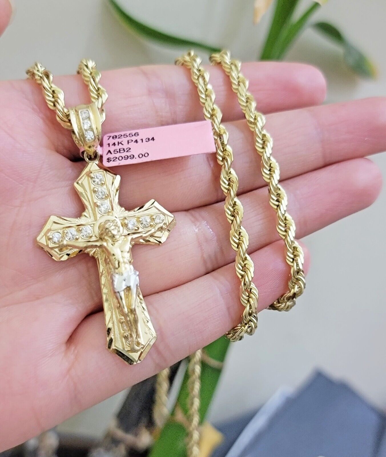 REAL 14k Gold Rope Necklace Cross Charm Pendant SET SOLID 4mm 26 Inch Chain Mens