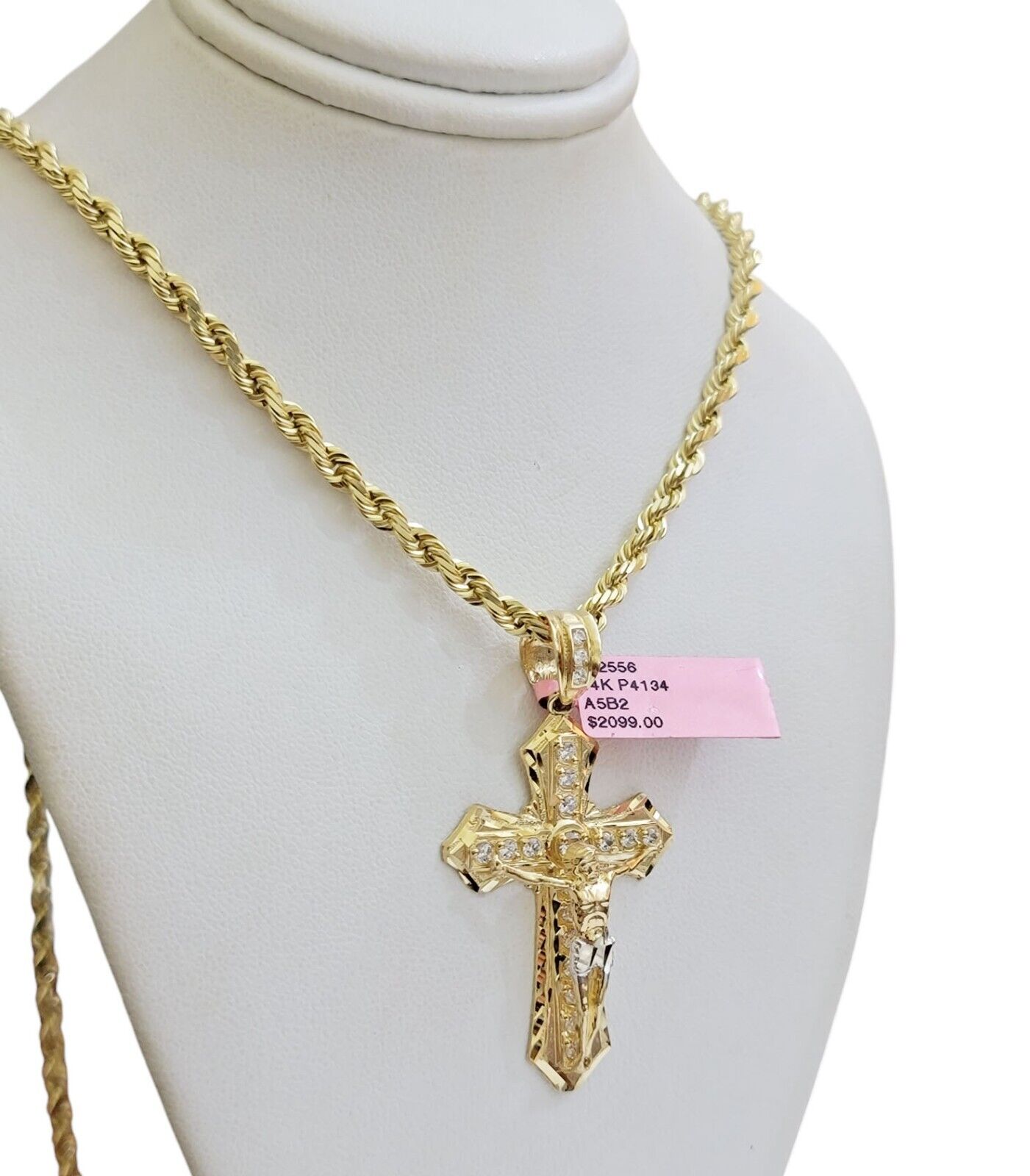REAL 14k Gold Rope Necklace Cross Charm Pendant SET SOLID 4mm 26 Inch Chain Mens