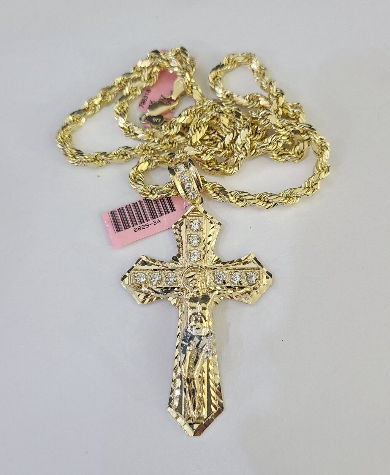 Real 14k Rope Chain Jesus Cross Charm Yellow Gold Set 5mm 20" - 30" Necklace - GoldenlinQ
