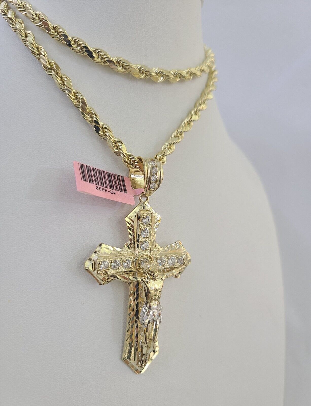 Real 14k Rope Chain Jesus Cross Charm Yellow Gold Set 5mm 20" - 30" Necklace - GoldenlinQ