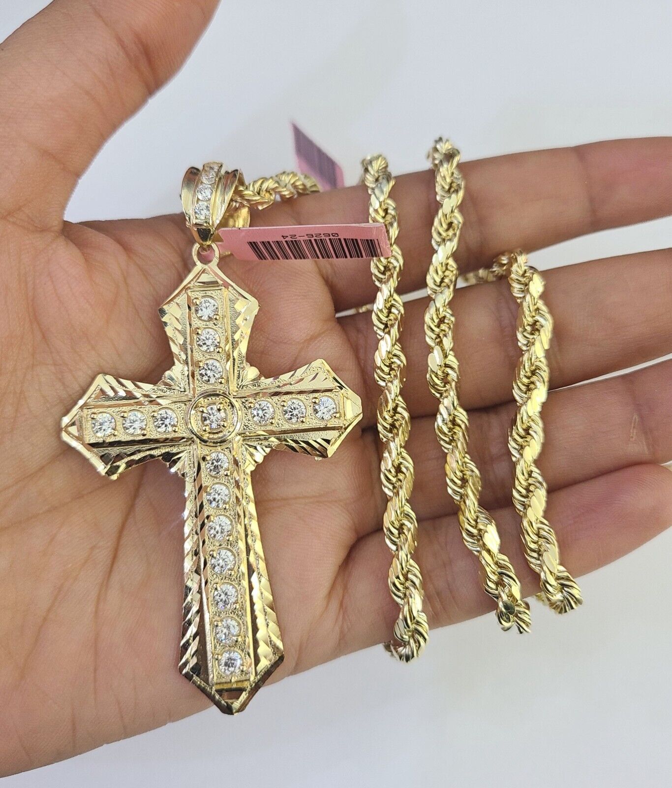 Real 14k Rope Chain Jesus Cross Charm Yellow Gold Set 5mm 20" - 30" Necklace