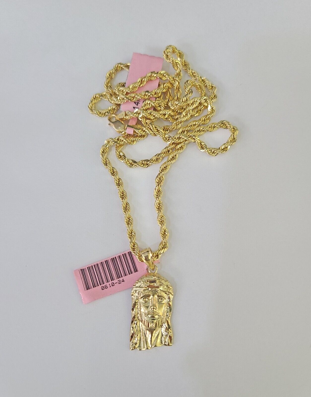 Real 14k Rope Chain Jesus Head Charm Set Yellow Gold 3mm 18 - 30" Necklace Pendant - GoldenlinQ