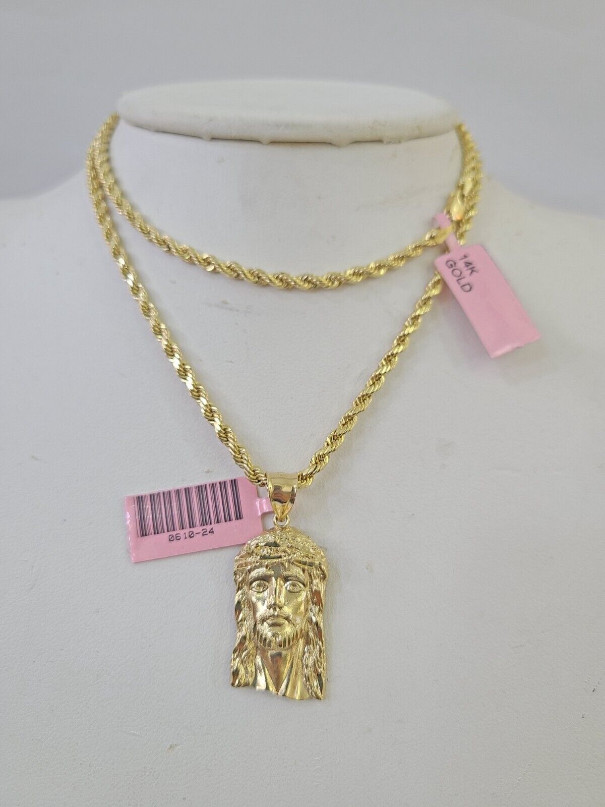 Real 14k Rope Chain Jesus Head Charm Set Yellow Gold 3mm 18 - 30" Necklace Pendant - GoldenlinQ