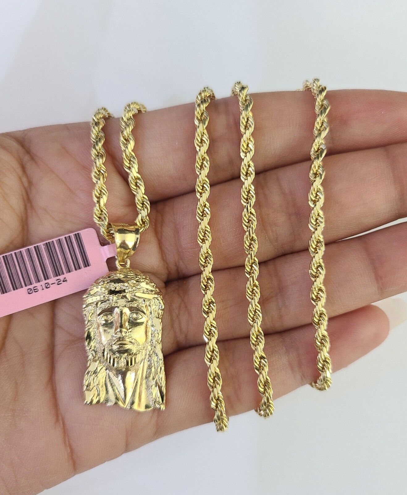 Real 14k Rope Chain Jesus Head Charm Set Yellow Gold 3mm 18 - 30" Necklace Pendant - GoldenlinQ