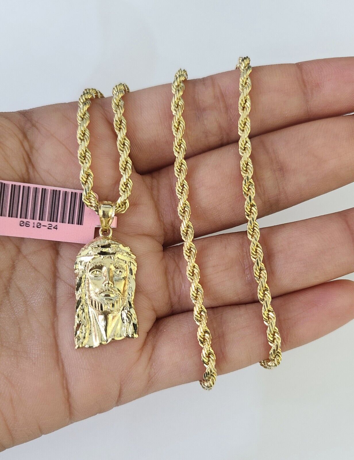 Real 14k Rope Chain Jesus Head Charm Set Yellow Gold 3mm 18 - 30" Necklace Pendant - GoldenlinQ